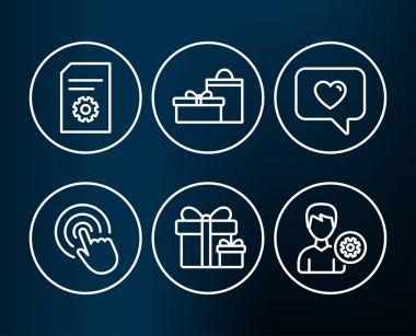 Tıklama ayarla, sürpriz paketi, dosya ayarları, mesaj, hediyeler ve destek simgeleri seviyorum, illüstrasyon koyu arka plan üzerinde vektör