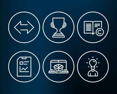 Dizi Ödülü Kupası, rapor belge, eşitleme, online teslimat, telif hakkı ve eğitim simgeler, vektör çizim koyu arka plan üzerinde