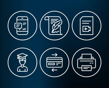 Dizi akıllı telefon bildirim, video dosyası, öğrenci, tüy, kredi kartı ve yazıcı simgelerini, koyu arka plan üzerinde vektör çizim