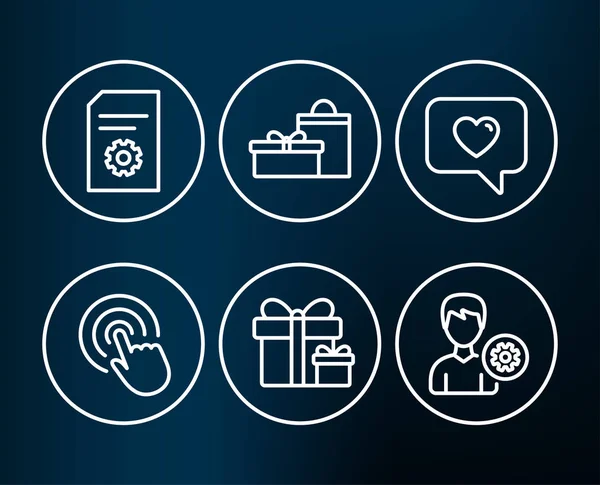 Tıklama ayarla, sürpriz paketi, dosya ayarları, mesaj, hediyeler ve destek simgeleri seviyorum, illüstrasyon koyu arka plan üzerinde vektör