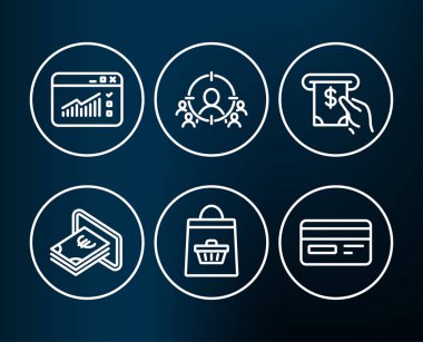 Online satın alma, nakit ve Web Trafik simgeler kümesi. ATM hizmeti, iş hedefleme ve kredi kartı işaretleri