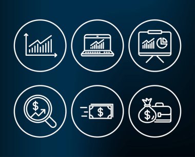 Para transferi, dizi sunum ve grafik simgeler. Online istatistik, para birimi denetim ve maaş işaretleri.