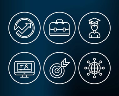 Hedef, öğrenci ve portföy simgeler kümesi. Denetim, Online video ve uluslararası küre işaretleri