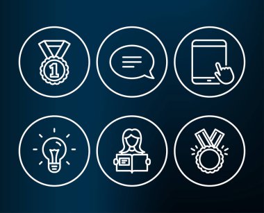 Fikri ayarla, kadın okumak ve simgeler sohbet. Tablet pc, en iyi sıralama ve onur işaretleri