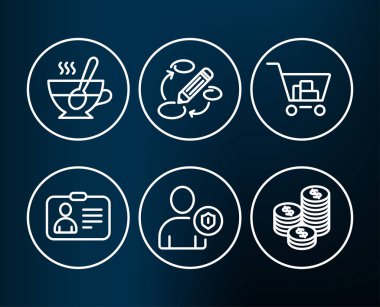 Anahtar kelimeler ayarla, güvenlik ve çay Kupası simgeler. Kimlik kartı, Internet alışveriş ve paralar işaretleri. 