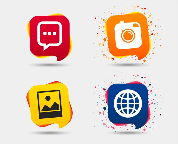 Set Van Sociale Media Chat Tekstballon Wereld Globe Symbolen Hipster — Stockvector