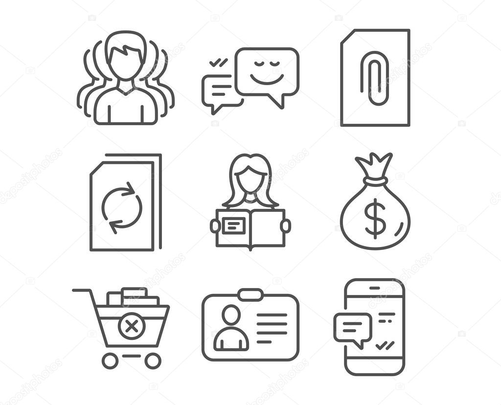 Set of Money bag, Woman read and Happy emotion icons. Attachment, Remove purchase and Update document signs. Group, Id card and Smartphone notification symbols