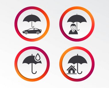 Ev sigorta simgesini, bulanık renkli gradyan şemsiye ile su damla sembolü, araba koruma işareti, adam şemsiye.