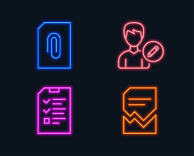 Düzen kişi, eki, hasar görmüş belgeyi ve neon ışık ile röportaj simgeler kümesi