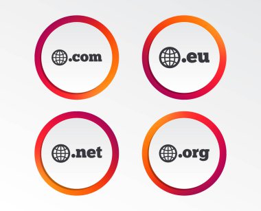 Üst düzey Internet etki alanı simgeler. Com, AB, Net ve Org sembolleri dünya ile. Benzersiz Dns adları. Infographic tasarım düğmeleri. Daire şablonları. Vektör