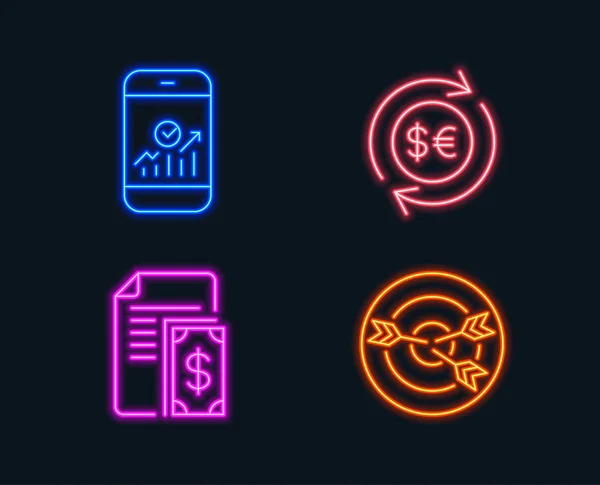 Neonová Světla Sada Smartphone Statistiky Peníze Měny Platby Ikon Cílení — Stockový vektor