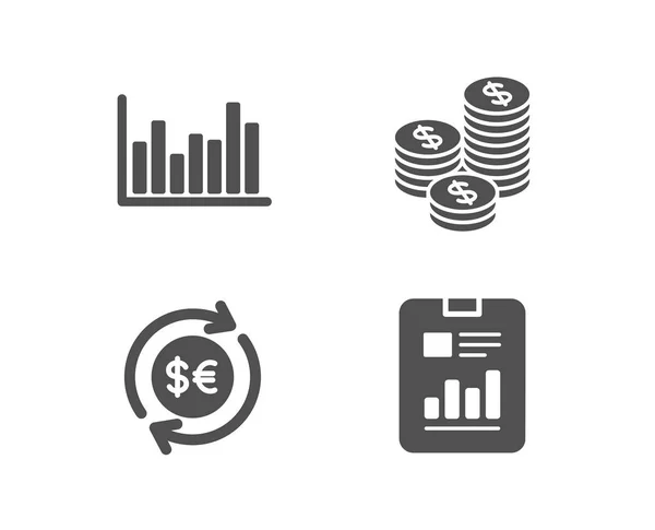 Set Bar Diagram Munten Geld Valuta Pictogrammen Verslag Document Ondertekenen — Stockvector