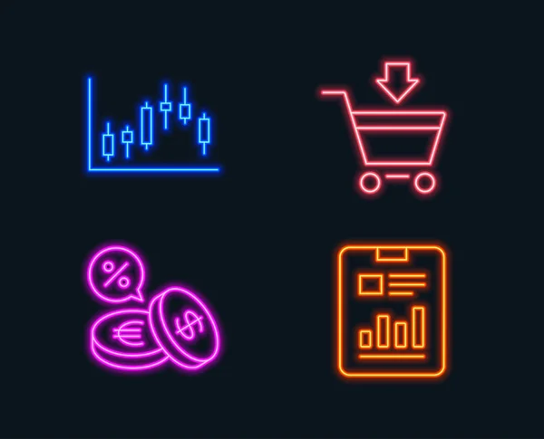 Neon Verlichting Set Candlestick Grafiek Online Markt Munt Uitwisseling Pictogrammen — Stockvector