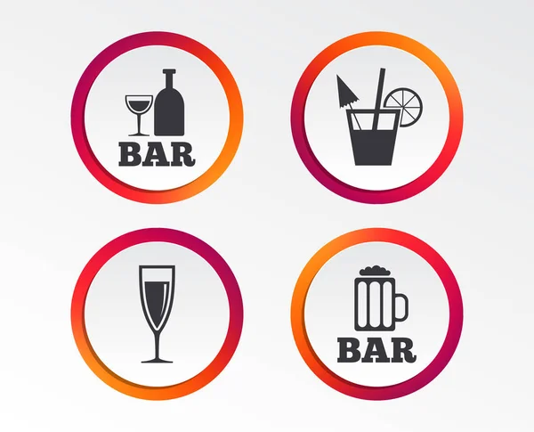 Bar or Pub icons. Glass of beer and champagne signs. Alcohol drinks and cocktail symbols. Infographic design buttons. Circle templates. Vector