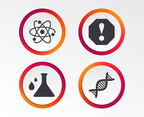 Aufmerksamkeit Und Dna Symbole Chemiekolben Zeichen Atomsymbol Infografische Design Buttons — Stockvektor