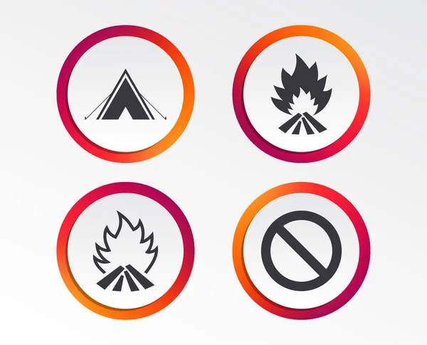 Ikone Des Touristischen Zeltes Flamme Anzünden Und Verbotsschilder Aufstellen Infografische — Stockvektor