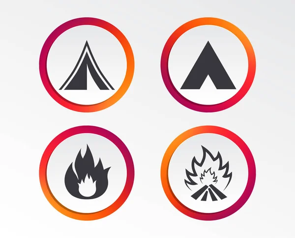Iconos Tienda Camping Turístico Fuego Signos Llama Símbolos Botones Diseño — Vector de stock