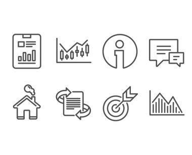 Mali diyagramı, rapor belge ve hedef simgeler kümesi. Pazarlama, yorum ve yatırım işaretleri grafiğini çizin. Mum grafiği, grafikler, sayfa hedefleme. Makale, konuşma kabarcıklar, yatırım infochart