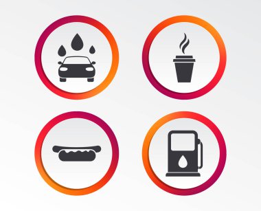 Benzin veya gaz istasyonu simgeler Hizmetleri. Otomatik oto yıkama işaretleri. Sosisli sandviç ve sıcak kahve Kupası simgeler. Infographic tasarım düğmeleri. Daire şablonları. Vektör