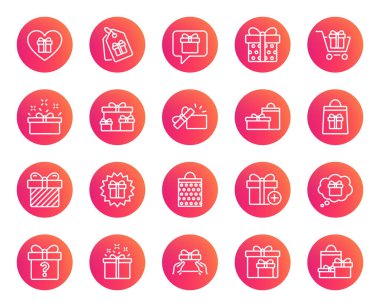 Hediyeler satır simgeler. Mevcut kutusunda, teklif ve satış kümesi imzalar. Alışveriş sepeti, Etiketler ve simgeler sohbet. Konuşma balonu, bir hediye vermek ve soru işareti. Trendy degrade daire düğmeleri. Kalite tasarım öğeleri