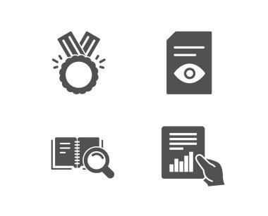 Yargıç, arama kitap ve görünümü belge simgeler kümesi. Belge işareti. Madalya, Online Eğitim, açık dosya. Diyagram ile dosya. Kalite tasarım öğeleri. Klasik tarzı. Vektör