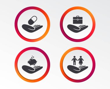 Yardım simgeleri eller. Koruma ve sigorta sembolleri. Finansal para tasarruf, sağlık sağlık sigortası. İnsan iki hayat belirtisi. Infographic tasarım düğmeleri. Daire şablonları. Vektör