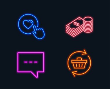 Neon ışıkları. Tasarruf, Blog ve ikonlar gibi ayarlayın. Sepeti işareti yenileyin. Finans Para birimi, sohbet iletisi, basın aşk. Online alışveriş. Parlayan grafik tasarımlar. Vektör