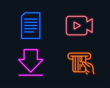 Neon ışıkları. Video kamera, indirme ve belge simgeler kümesi. Kredi kartı işareti. Film ya da sinema, yük bilgi, bilgi dosyası. ATM ödeme. Parlayan grafik tasarımlar. Vektör