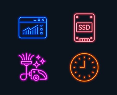 Neon ışıkları. Elektrikli süpürge, Ssd ve Web Trafik simgeler kümesi. Saat işareti. Vakum-temiz, katı hal sürücü, pencere Web sitesi. Zaman ya da izle. Parlayan grafik tasarımlar. Vektör