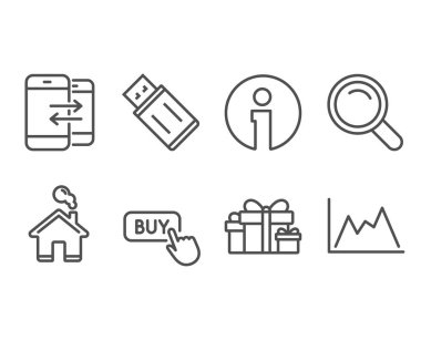 Arama, Usb birden parlamak ve telefon iletişim simgeler kümesi. Tatil hediye, satın düğmesi ve diyagram işaretler. Cam, bellek sopa, gelen ve giden aramaları büyütüyorum. Vektör