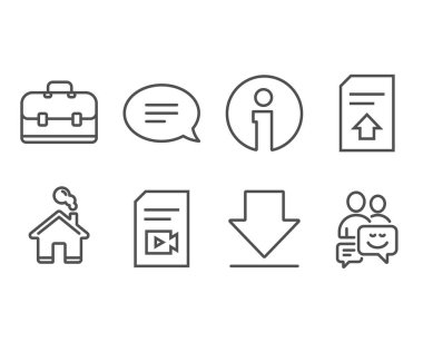 Upload dosyası ayarla, dosya sohbet ve Video simgeler. Portföy, indirme ve iletişim işaretler. Yük belge, konuşma balonu, Vlog sayfa. İş servis talebi, yükleme bilgilerini, iş mesajları. Vektör