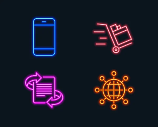 Neonová Světla Sada Push Vozík Smartphone Marketingové Ikony Mezinárodní Globe — Stockový vektor