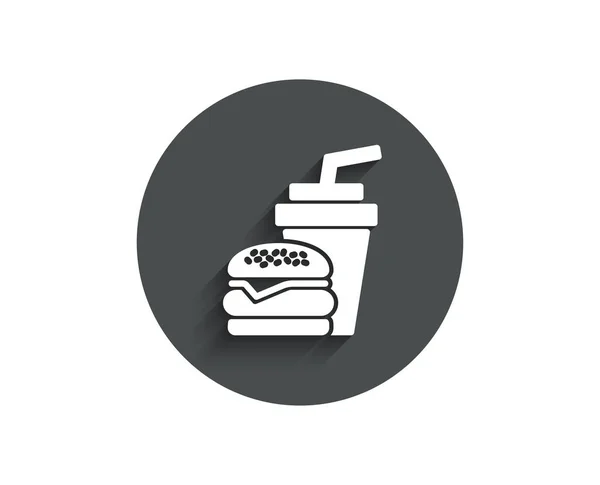 ハンバーガーとドリンクのシンプルなアイコン ファーストフードのレストランの看板 ハンバーガーまたはチーズバーガー記号です 影を持つサークル フラット ボタン ベクトル — ストックベクタ