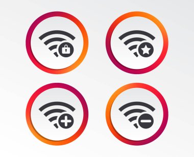 Wifi kablosuz ağ kutsal kişilerin resmi. Wi-fi bölge ekleyebilir veya simgeleri kaldırabilirsiniz. Favori yıldız işareti. Parola Wi-fi korumalı. Infographic tasarım düğmeleri. Daire şablonları. Vektör çizim