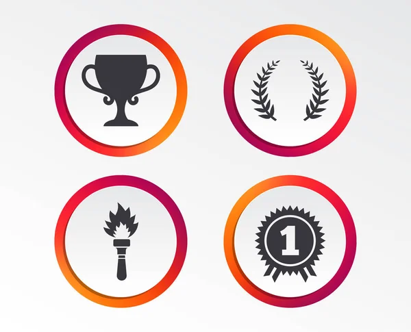 First Place Award Cup Icons Laurel Wreath Sign Torch Fire — Stock Vector