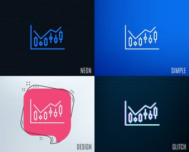 Arıza, Neon etkisi. Mum grafik hat simgeler kümesi. Mali grafik işareti. Menkul Kıymetler Borsası sembolü. İş yatırım. Trendy düz geometrik desenler. Vektör çizim.