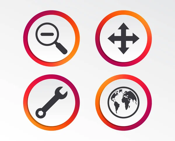 Magnifier Glass Globe Search Icons Fullscreen Arrows Wrench Key Repair — Stock Vector