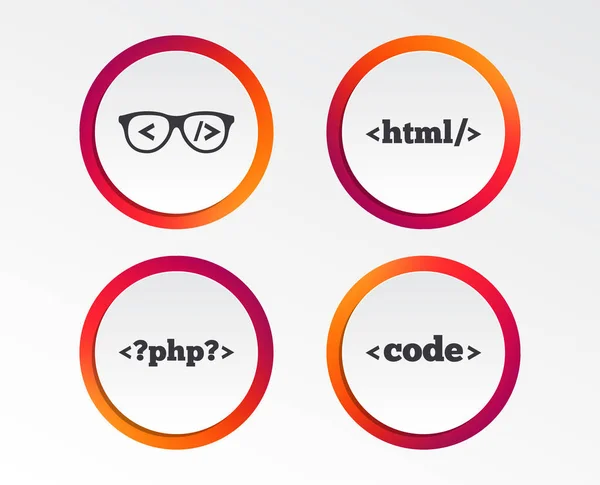 程序员编码眼镜图标 Html 标记语言和 Php 编程语言标志符号 图表设计按钮 圆形模板 矢量插图 — 图库矢量图片