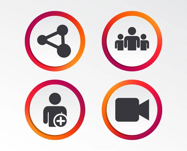 Group of people and share icons. Add user and video camera symbols. Communication signs. Infographic design buttons. Circle templates. Vector illustration.