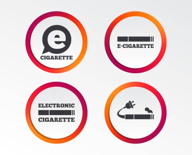 E-sigara ile tak kutsal kişilerin resmi. Elektronik sigara sembolleri. Konuşma balonu işareti. Infographic tasarım düğmeleri. Daire şablonları. Vektör çizim.