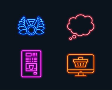 Neon ışıkları. Ödüllü madalya, komik mesaj ve kahve otomat simgeler kümesi. Web shop kayıt. Defne çelengi, konuşma balonu, kahve Otomatı. Alışveriş sepeti. Parlayan grafik tasarımlar. Vektör çizim.