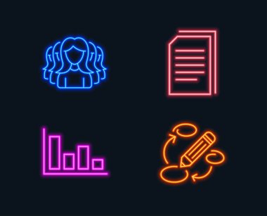 Neon ışıkları. Histogram, kopya dosyaları ve kadınlar grup simgeler kümesi. Anahtar kelimeler işareti. Ekonomik trend, kopyalama belgeleri, Bayan hizmet. Pazarlama stratejisi. Parlayan grafik tasarımlar. Vektör çizim.