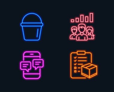Neon ışıkları. Kova, ekip çalışması sonuçları ve telefon iletileri simgeler kümesi. Denetim listesi işareti parsel. Yıkama donanımları, grup çalışması, mobil sohbet. Lojistik denetleyin. Parlayan grafik tasarımlar. Vektör çizim.