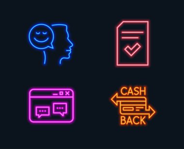 Neon ışıkları. Kontrol dosyası, tarayıcı penceresi ve iyi bir ruh hali simgeler kümesi. Cashback kart işareti. Doğru belgenin, Web sohbet, pozitif düşünme. Para ödeme. Parlayan grafik tasarımlar. Vektör çizim.