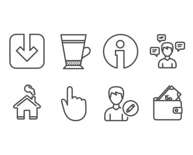 Fragile kümesi paketi, hizmet ve çay simgeler. Soru işareti, maaş çalışanları ve şarap kadehi imzalar. Güvenli nakliye, dişli dişli, cam kupa. Yardım desteği, insanlar kazanç, Cabernet kadehinin. Vektör çizim.