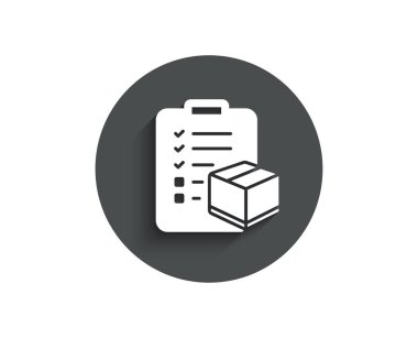Parsel denetim listesi basit simgesi. Lojistik işareti kontrol edin. Paket denetim sembolü. Circle gölge ile düz düğme. Vektör çizim.