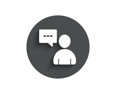 Kullanıcı iletişim basit simgesi. Kişi ile sohbet etmek konuşma balonu işareti. İnsan siluet simge. Circle gölge ile düz düğme. Vektör çizim.