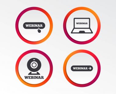 Webinar simgeler. Web kamera ve dizüstü pc işaretler. Web sitesi e-öğrenme veya çevrimiçi çalışma sembolleri. Infographic tasarım düğmeleri. Daire şablonları. Vektör çizim.