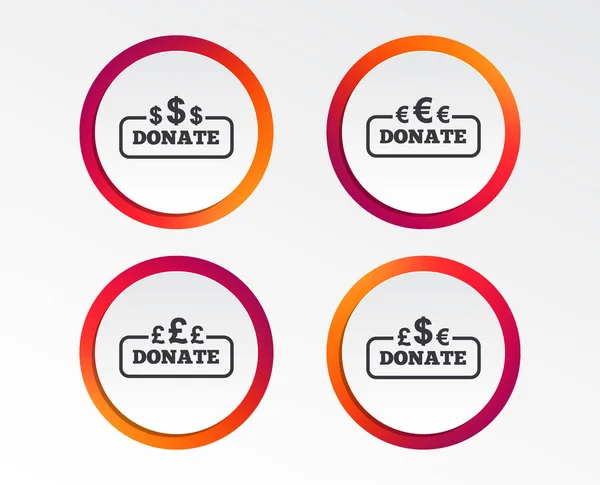 Donar Iconos Dinero Símbolos Dólar Euro Libras Signos Multicurrencia Botones — Vector de stock