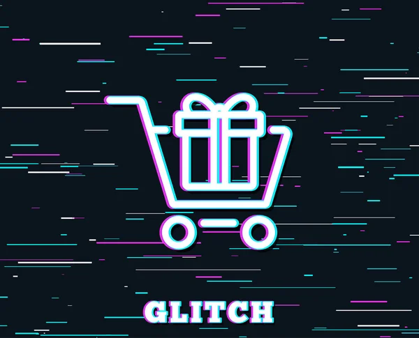 Glitch effect. Shopping cart with Gift box line icon. Present or Sale sign. Birthday Shopping symbol. Package in Gift Wrap. Background with colored lines. Vector illustration.